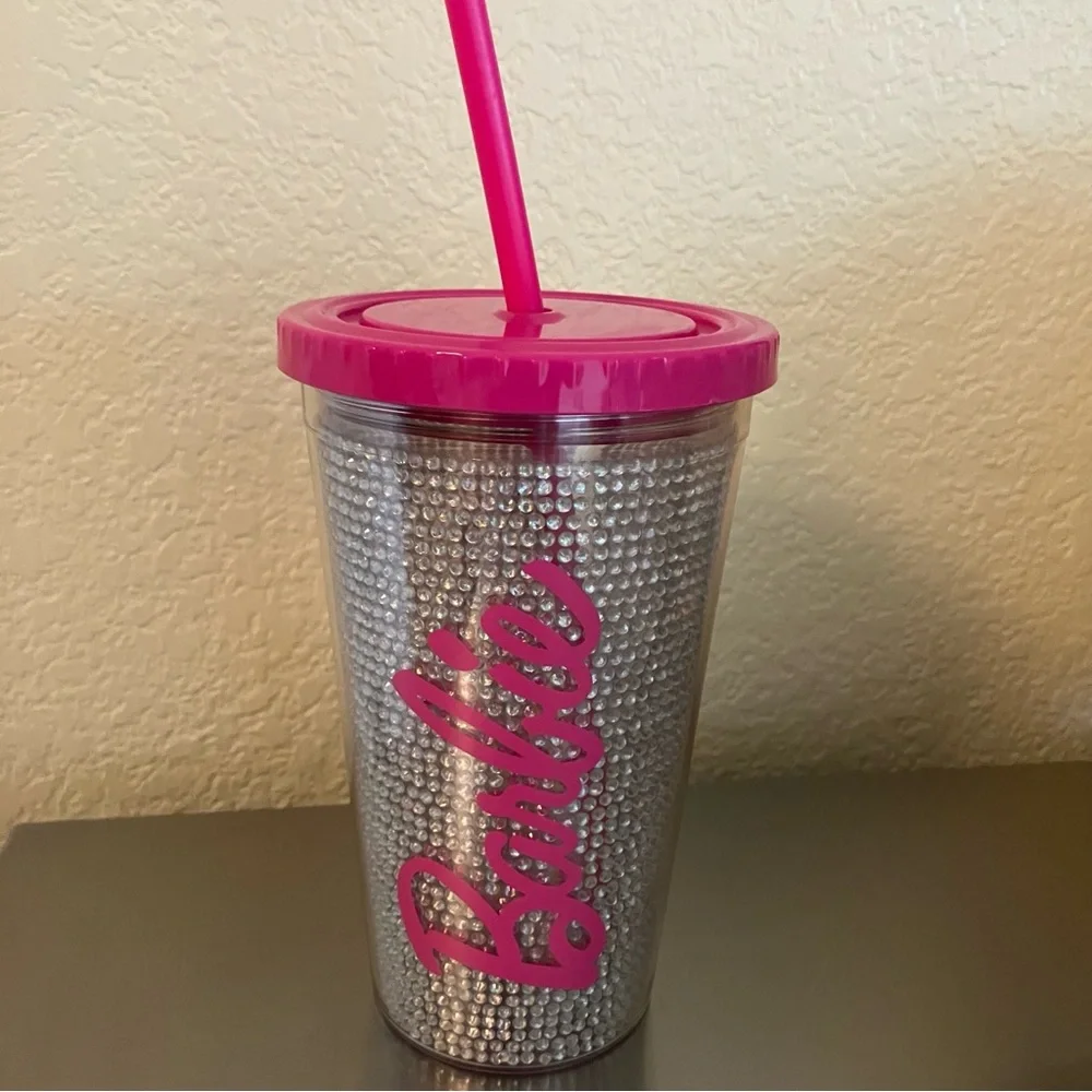 BARBIE Pink / Silver Rhinestone Tumbler Cup With Straw